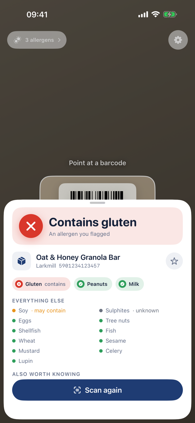 Scan result: contains gluten, with the status of each allergen