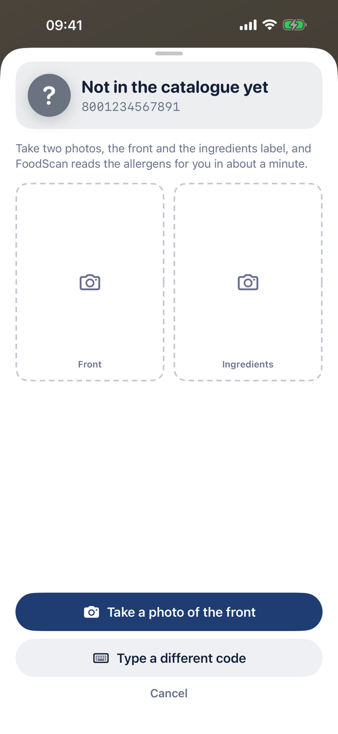 A product not in the catalogue yet, with the option to add it by photo
