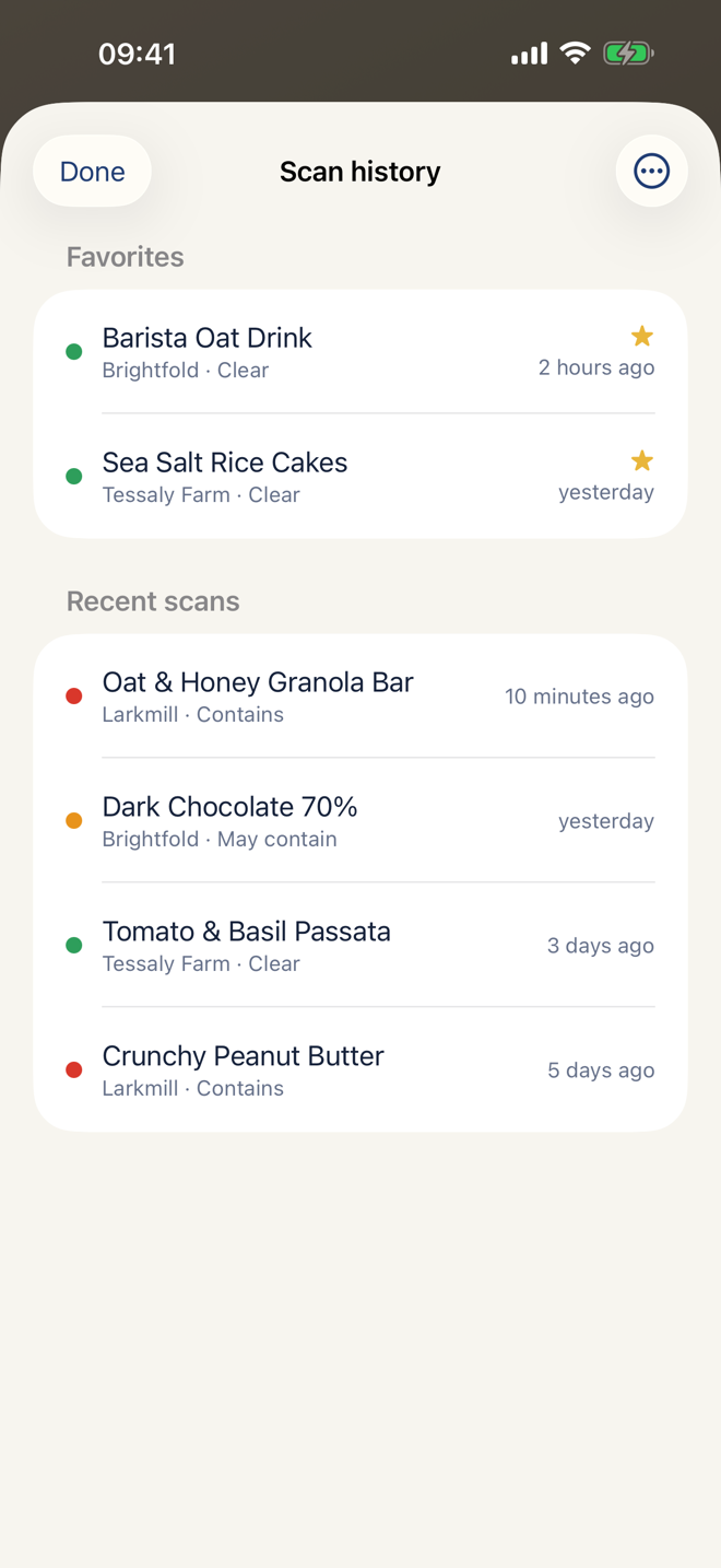 Scan history with favorites and recent scans